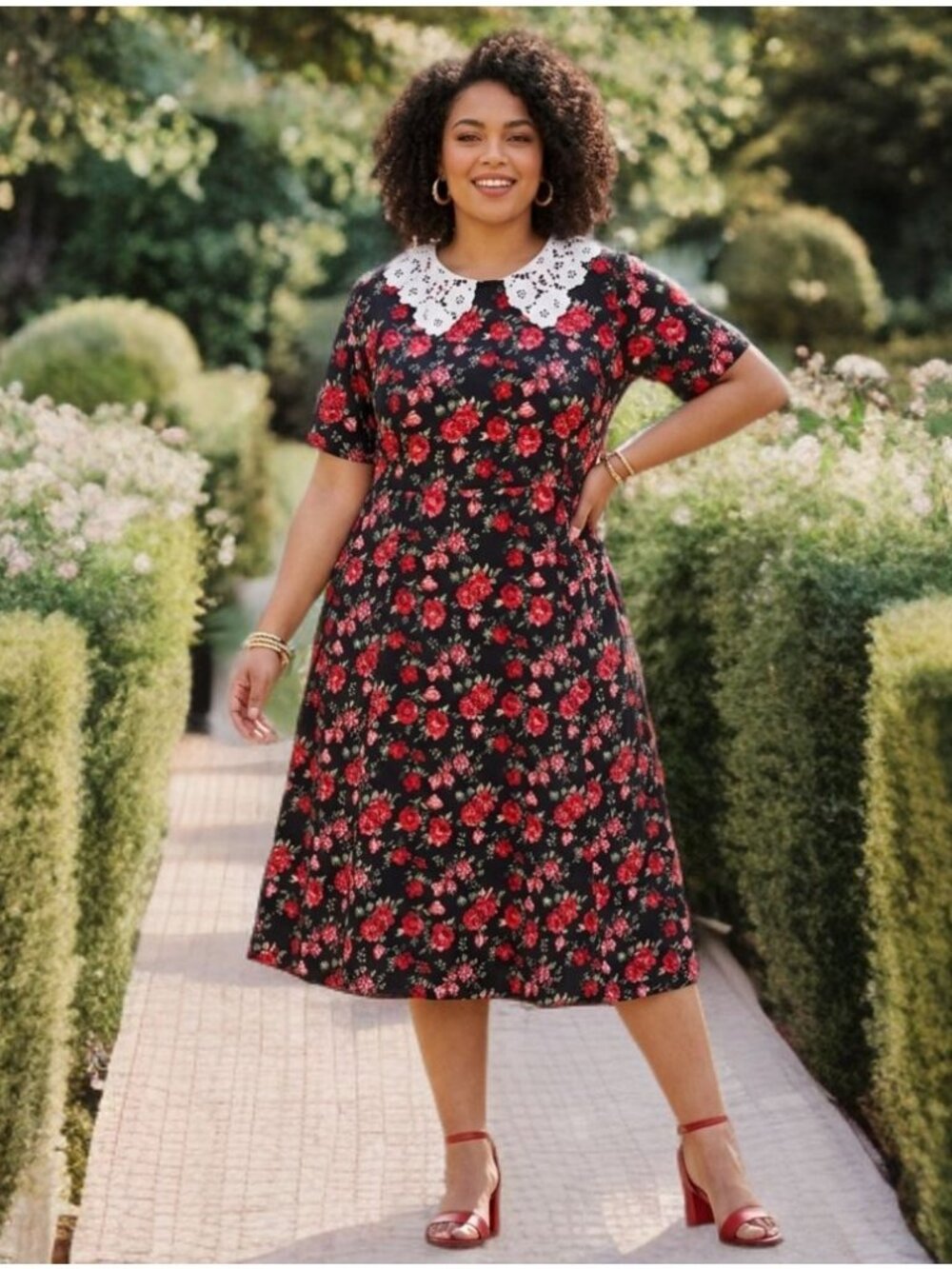 Unique Vintage Floral Shift Midi Dress Lace Neck Collar Pockets A-Line Skirt 1XL